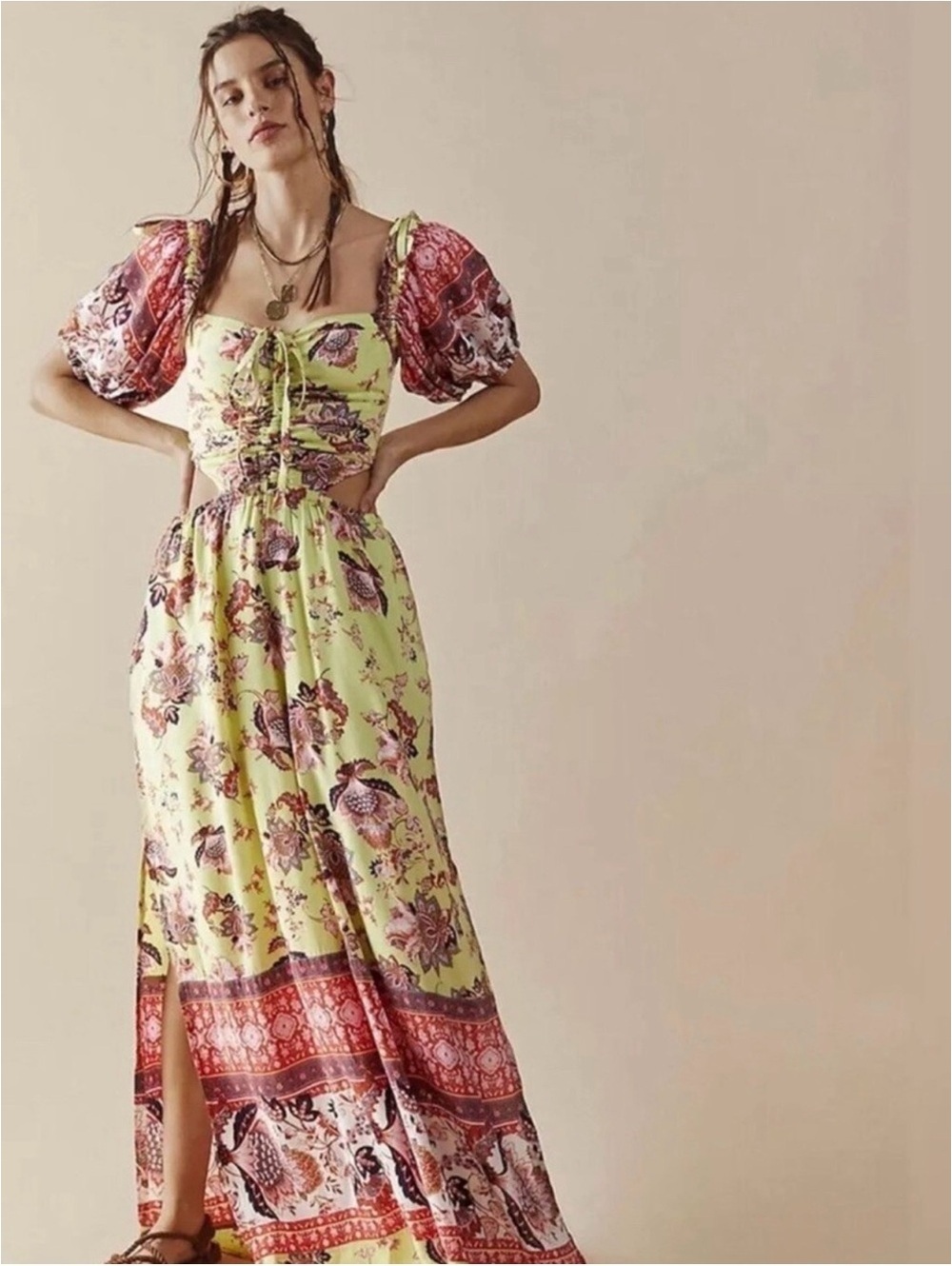 NWT Free People Jumpsuit Bali Citrus Skies Flowy Boho Viscose Summer Medium